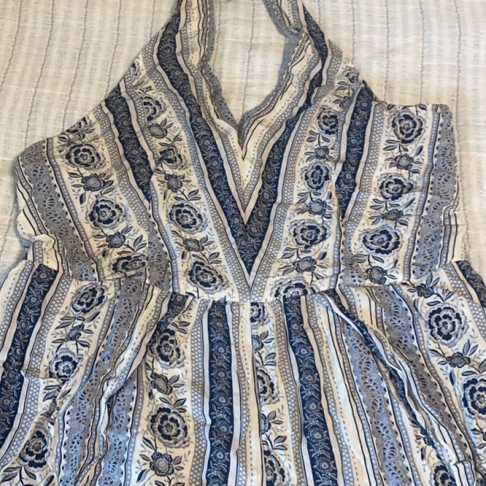 American Eagle Outfitters Blue and White Striped Floral Jumpsuit